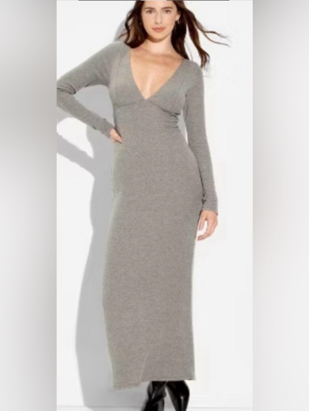 wild fable Heather Gray V-Neck Long Sleeve Maxi Dress